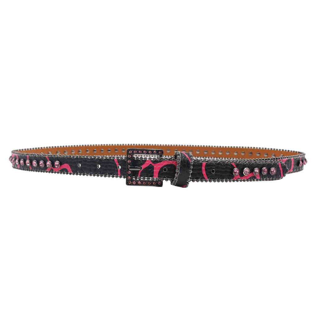 High-end Women's Patterned 2.3 Leather Belt with Pin Buckle and Rhinestones – European & American Punk Style.