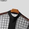 INCERUN Men Short Sleeve Plaid Mesh Sheer Stitching Tops T-shirts