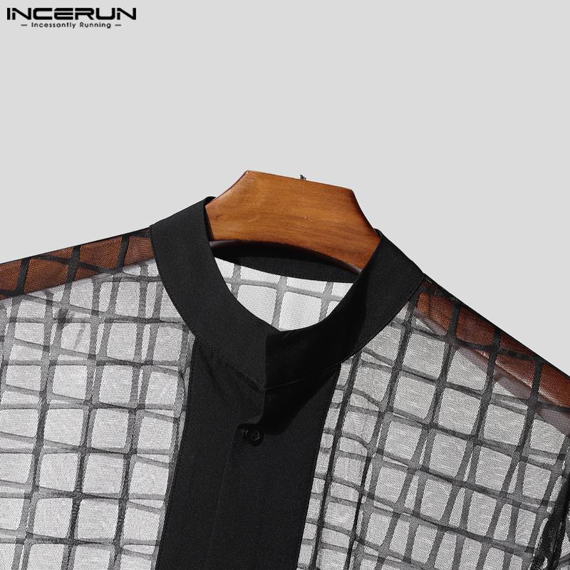 INCERUN Men Short Sleeve Plaid Mesh Sheer Stitching Tops T-shirts