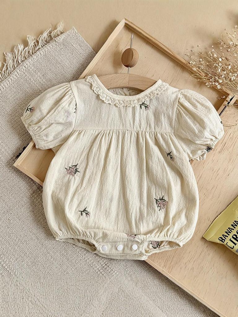 Korean Baby Girl Embroidered Lace Romper - Summer Short Sleeve Bodysuit