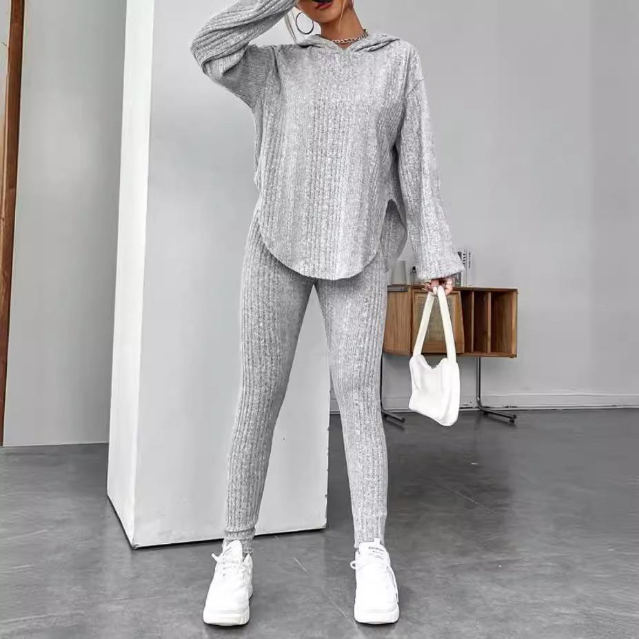 Damen Lila Strick-Sweatshirt mit Kapuze und Slim-Fit-Hose Set, Lässiges Loungewear-Outfit mit V-Ausschnitt-Oberteil