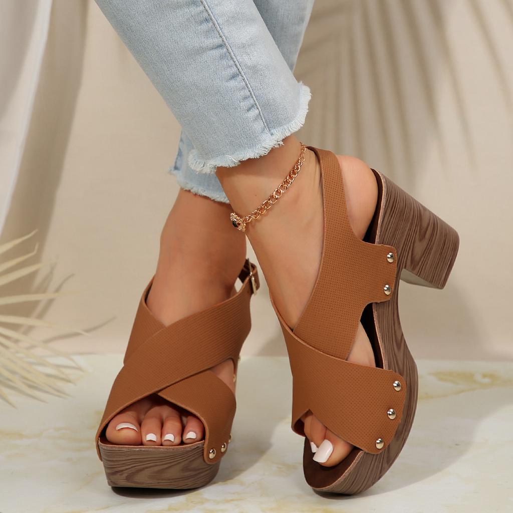 2025 Summer New Foreign Trade Large Size High-heeled Sandals with Fish Mouth Sandals Belt Buckle High-heeled Casual Sandals