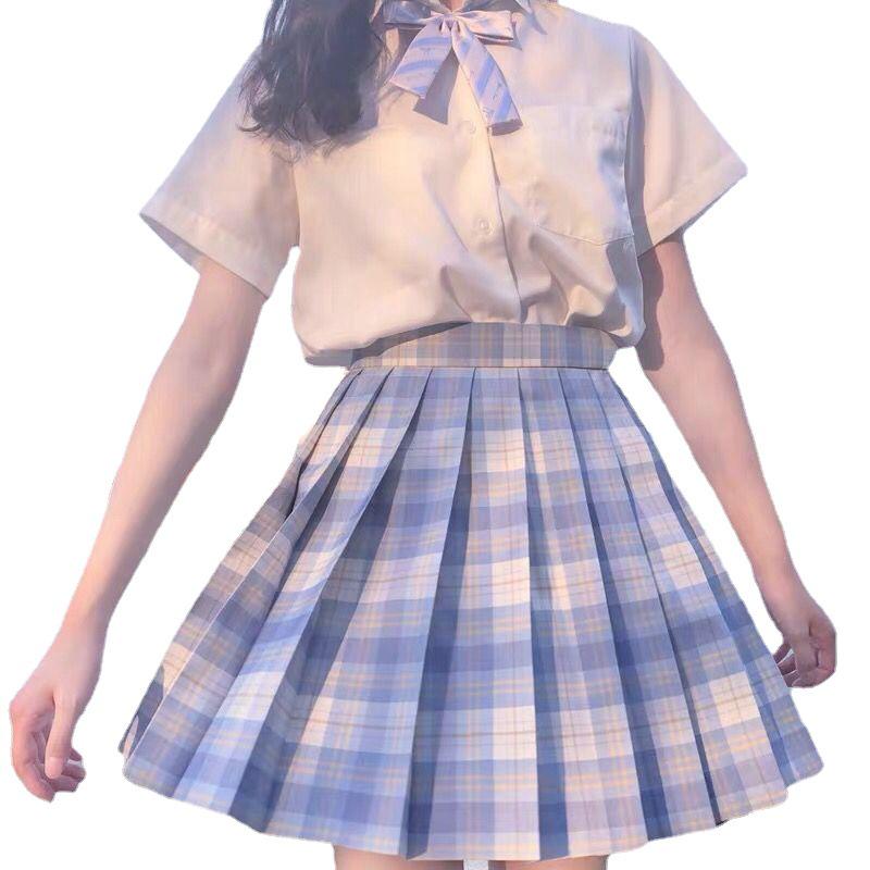 Japanese JK Sailor Suit: Teen Spring/Summer Full Set with Embroidered Shirt & Pleated Grid Skirt