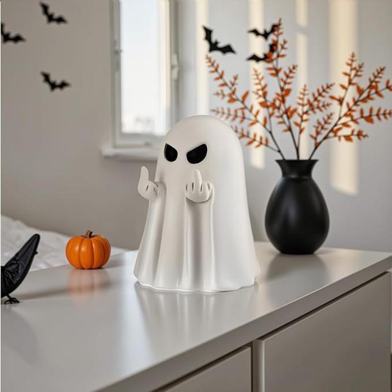 Halloween Fun Ghost Ornaments White Ghost Statue With Middle Finger Gesture Quirky Desktop Soft Home Decor