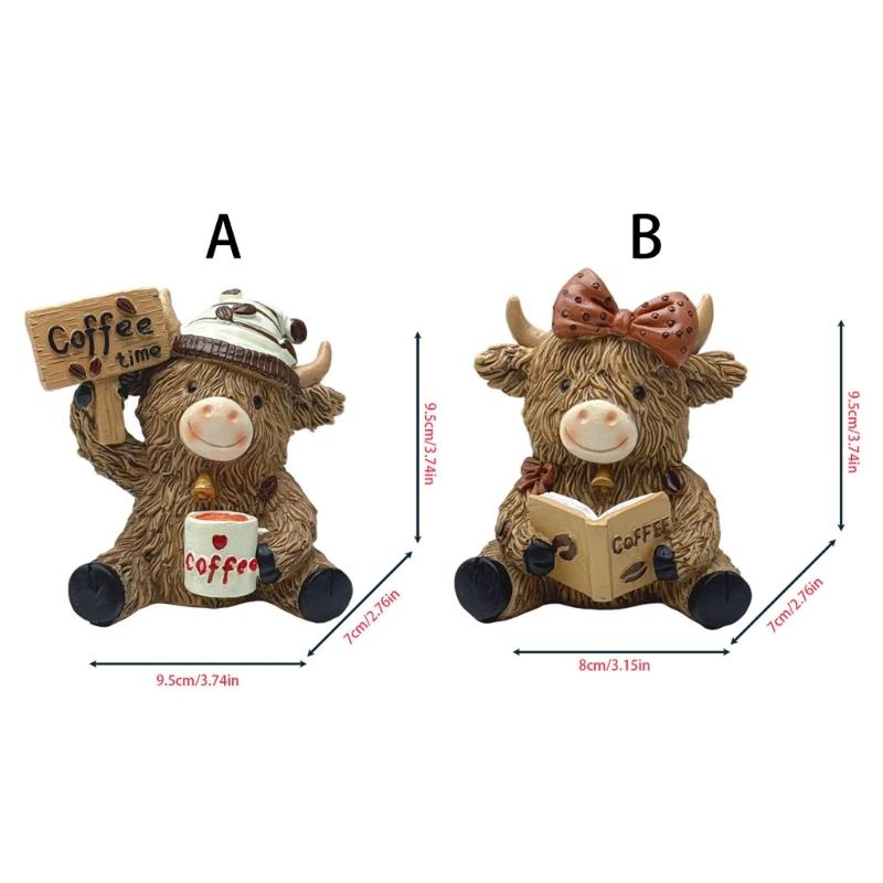 Coffee Highlands Cow Figurines Farmhouse Decors,Resins Animal Statue Table Ornament Garden Bookshelfs Decors Calf Lover