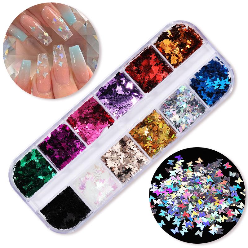 12-Color Nail Art Fluorescent Laser Nail Patch, Bar Boxed Maple Leaf Butterfly Sequin Nail Glitter Patch