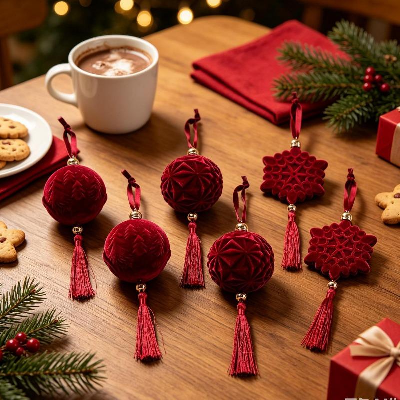 1/10x Burgundy Christmas Ball Elegant Tassel Hanging Ornament Flocked Christmas Ball Pendant Snowflake Shape Party Decoration