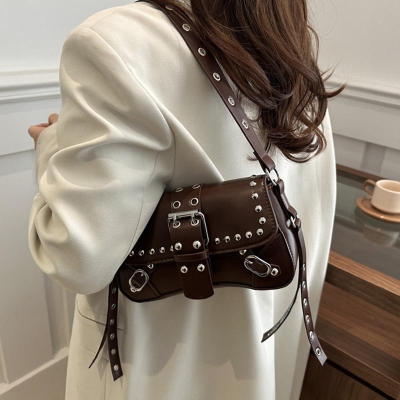 Trendy Motorcycle Punk Style Shoulder Bag for Women Solid Color Fashion Rivet Commuter Small Square Underarm Bag