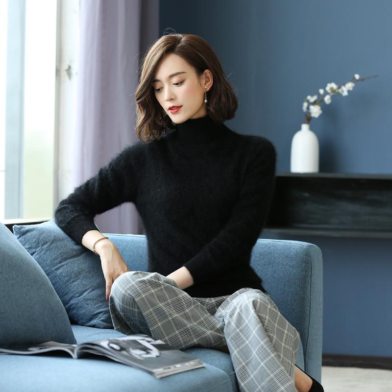 Autumn Winter Loose Solid Color High Neck Pullover Mink Cashmere Sweater Women Knitwear Pullover Thick Warm Solid Color Base High Lapel Clothing Tops