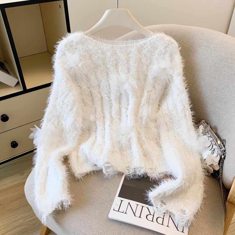Eleganter 3D-Blumen-Strickpullover für Damen, Süßes Rosa Kunst Nerz Samt - Weiche, Gemütliche Strickware One Size weiß