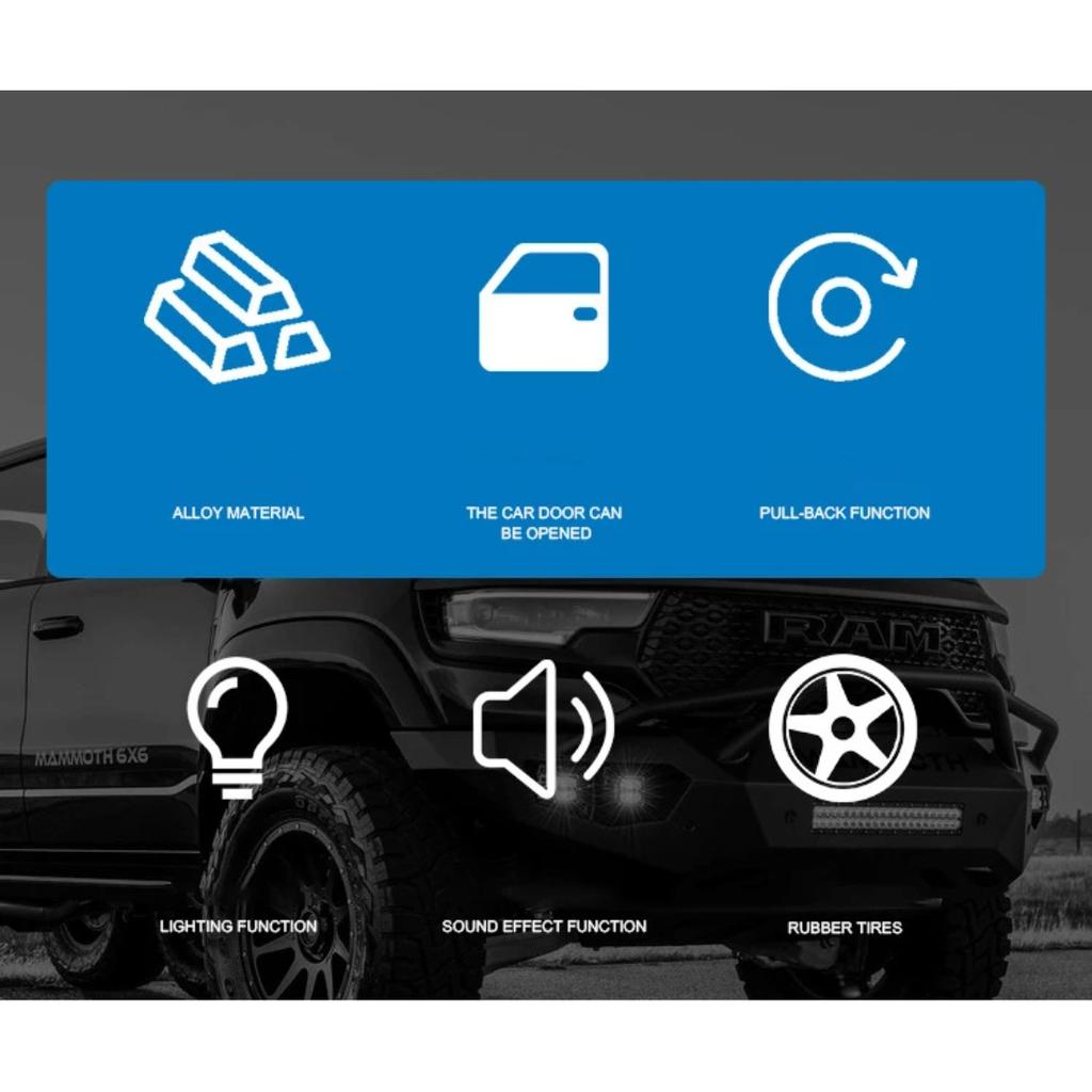 1/32 Dodge RAM 1500 TRX 6X6 Tyrannosaurus Rex Picku Alloy Car Model Sound and Light Children's Toy Collectibles Birthday Gift