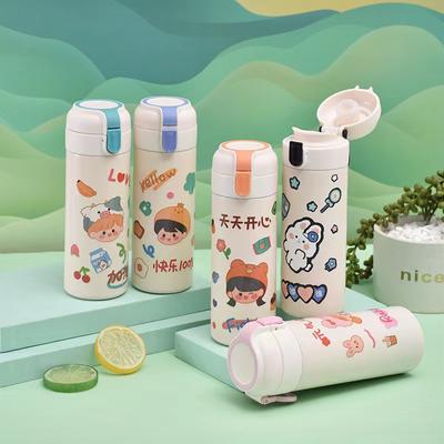 Cute Cartoon Stainless Steel Children's Thermos Cup Male and Female Students Bounce Cup Outdoor Portable Handle Pea Cup