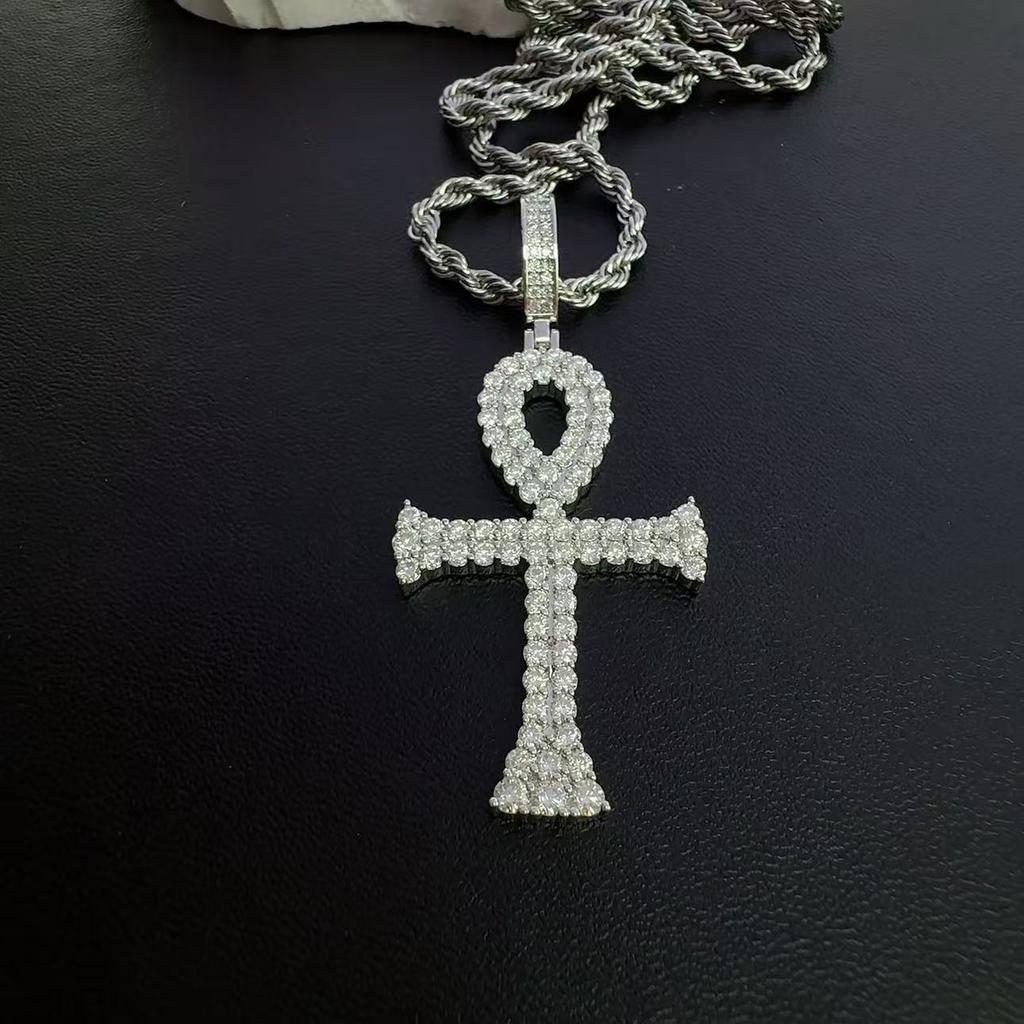 Egyptian Ankh Cross Pendant Necklace Iced Out Moissanite Hip Hop Copper Jewelry For Men Women