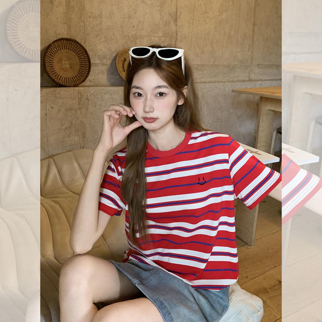 Red Striped American Retro Short Sleeve T-Shirt Women's New Summer Loose Casual Front Shoulder Embroidered Top