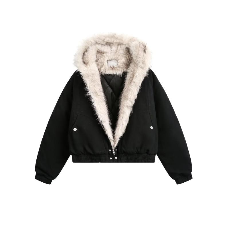 Mens Winter Thick Hooded Cotton Jacket With Faux Fur Collar Loose Fit Streetwear Style