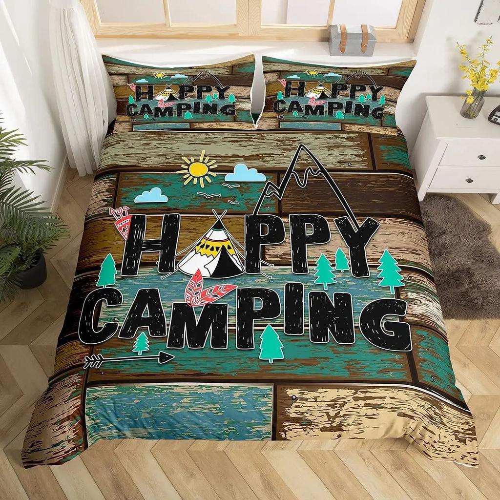Happy Camping Duvet Set Retro Style Bedding Set Three-Piece Set