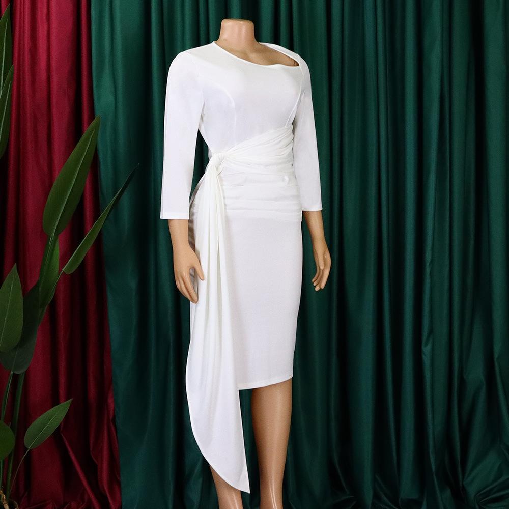 Large Size Women Spring Autumn Fashion Pleated Bandage Dress Ladies One Piece Solid Medium Sleeves Sheath Dress