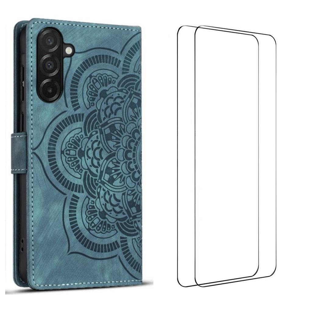 For Samsung Galaxy A56 5G Case with 2Pcs Tempered Glass WANLONFENG MTL Series Mandala Leather Phone Cover
