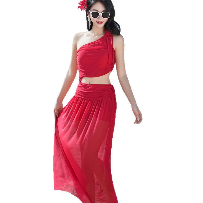 Luxury Red Off-Shoulder Thai Bikini with Long Skirt - Women's Sexy Resort Swimwear