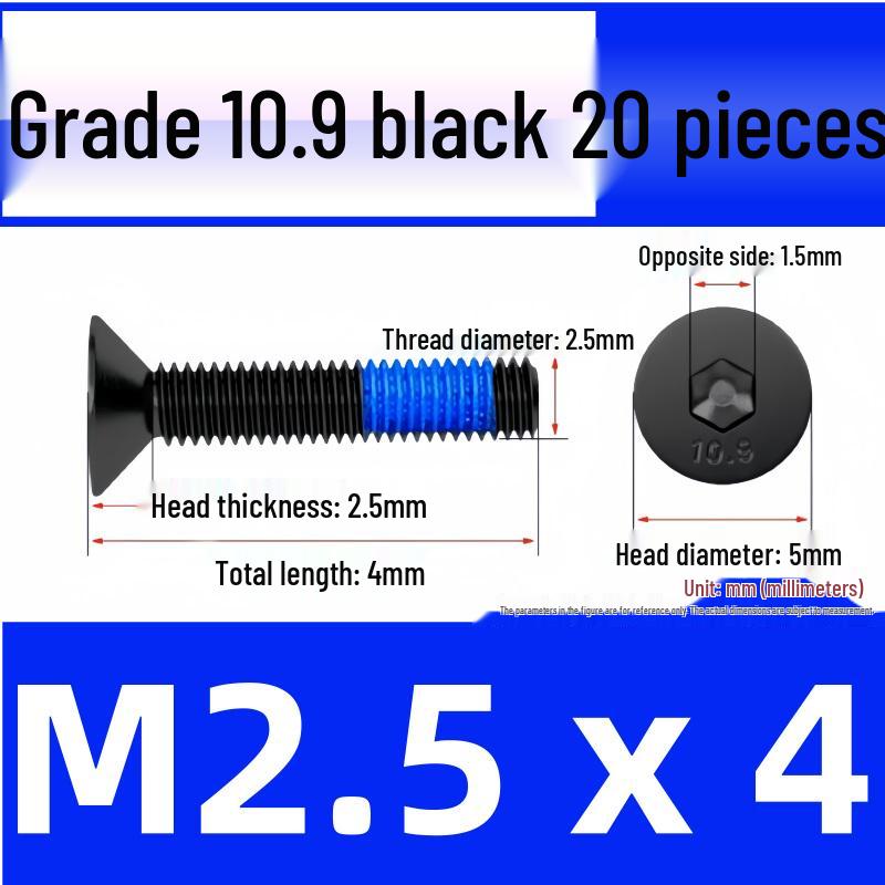 Black Anti-Slip Flat Cup Screw with Adhesive Blue Glue, Countersunk Hexagon Socket, Available in M2-M8 Sizes