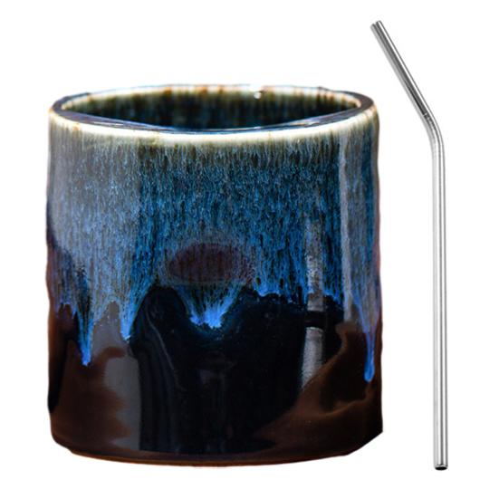 Vintage Keramik-Kaffeebecher mit Strohhalm, Retro Handbemalte Gestreifte Zylinderbecher, Grobkeramik für Heiße Kalte Getränke
