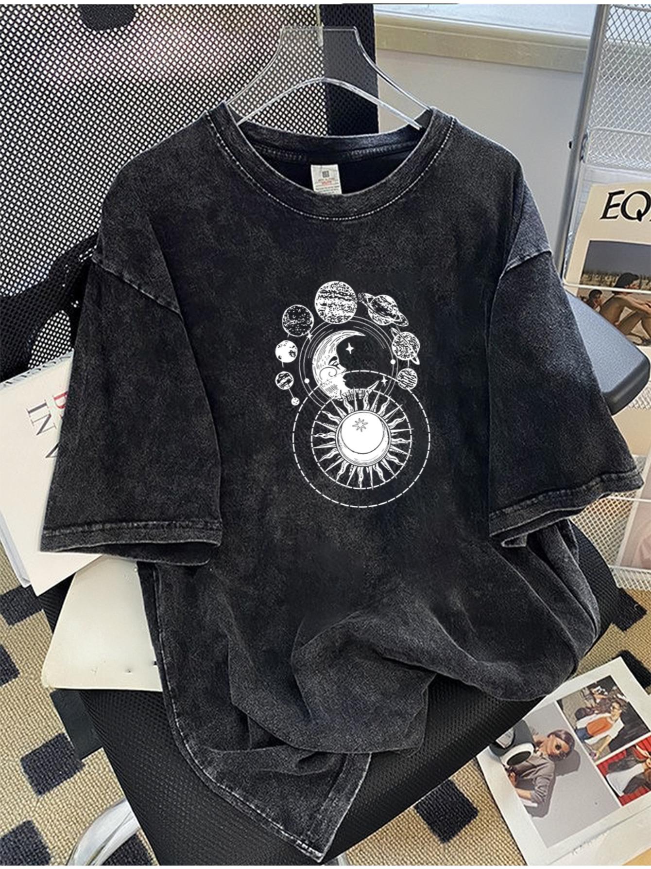 

Summer Casual Fashion Washed Mens Tshirt Loose Fit Retro Print Suitable for Daily Outdoor Activities Commuting Versatile S