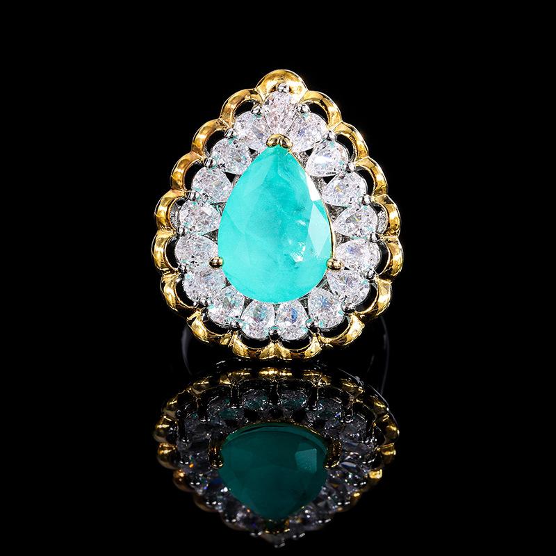 New Vintage Ring Full Diamond Droplet Ring Paraiba Gemstone Emerald Zircon Ring