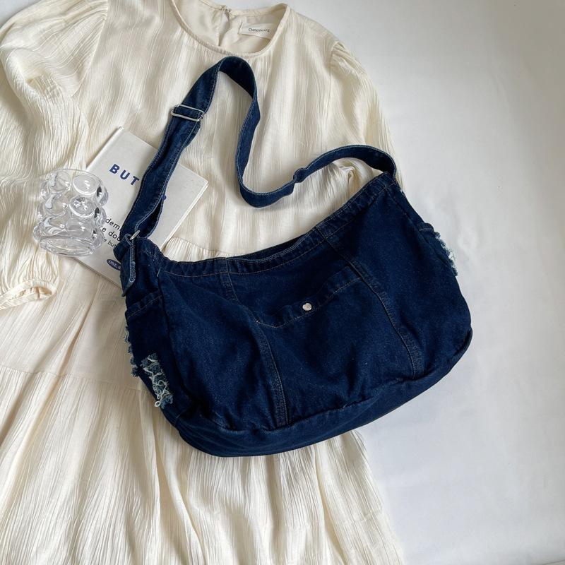 

Простая джинсовая сумка женская студенческая сумка через плечо большой вместимости японская сумка-мессенджер корейская версия тканевая сумка для занятий холщовая сумка темно-синий