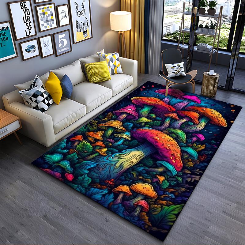 Vibrant Mushroom Forest Art Rug Non-slip Rug Suitable for Living Room and Bedroom Sofas.