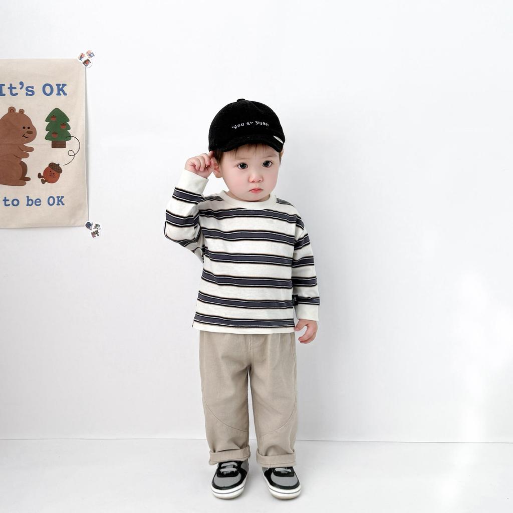 Koreansk randig långärmad baby-t-shirt för pojkar och flickor - Vår/Hösttopp