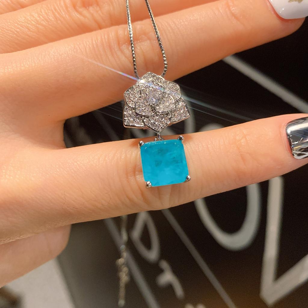 Wind Imitation Paraiba Ring Necklace Stud Earrings Jewelry Set Flower-Shaped Creative Full Diamond Luxury Set 10 * 10