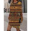 3D Retro Geometric Pattern Printed Dress, Autumn Long Sleeved Round Neck Casual Mini Dress