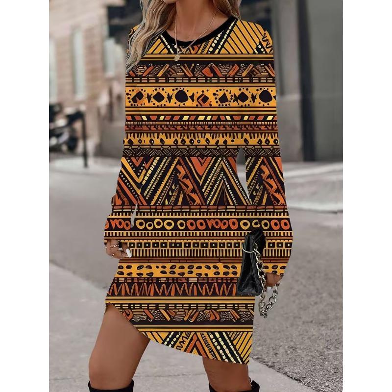 3D Retro Geometric Pattern Printed Dress, Autumn Long Sleeved Round Neck Casual Mini Dress