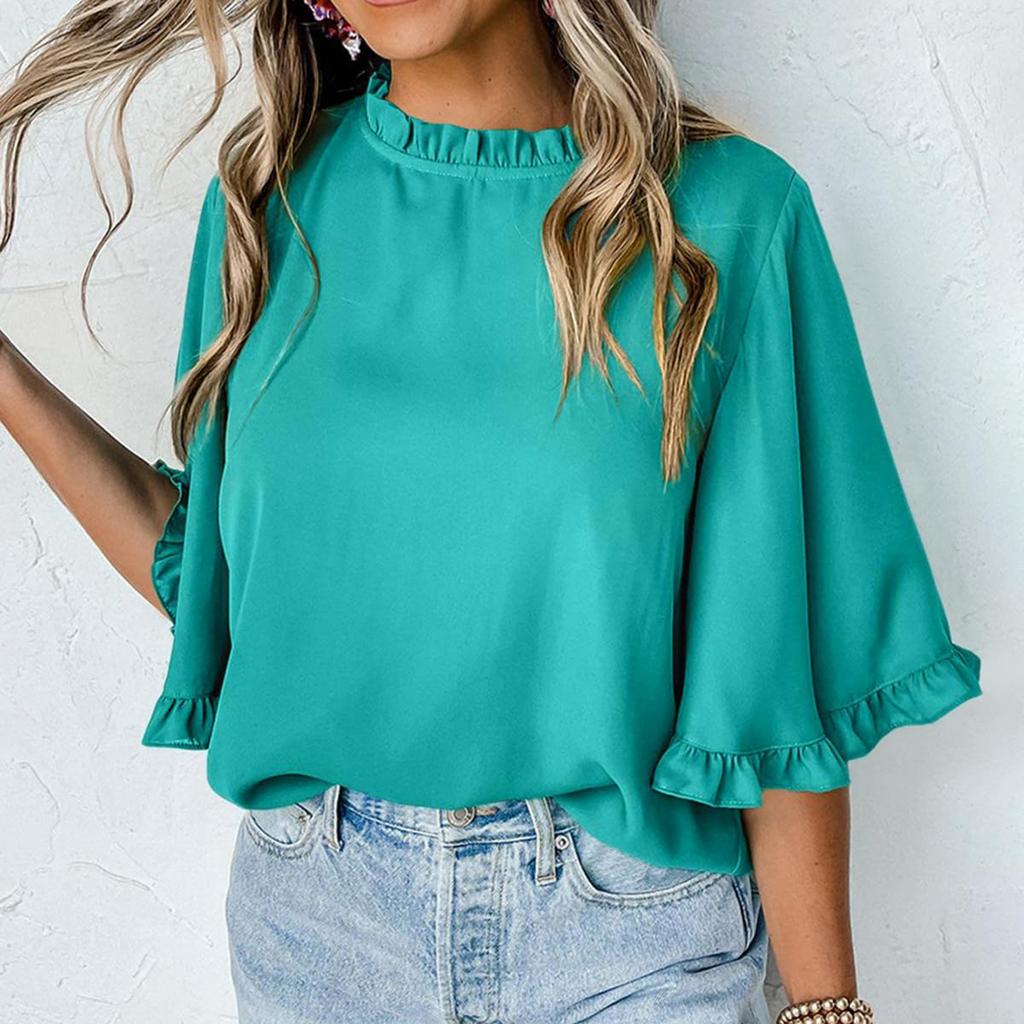Women's Fashion Round Neck Blouse Half Sleeve Shirt with Ruffle Trim Casual Top for Daily Wear Lightweight and Comfortable Design