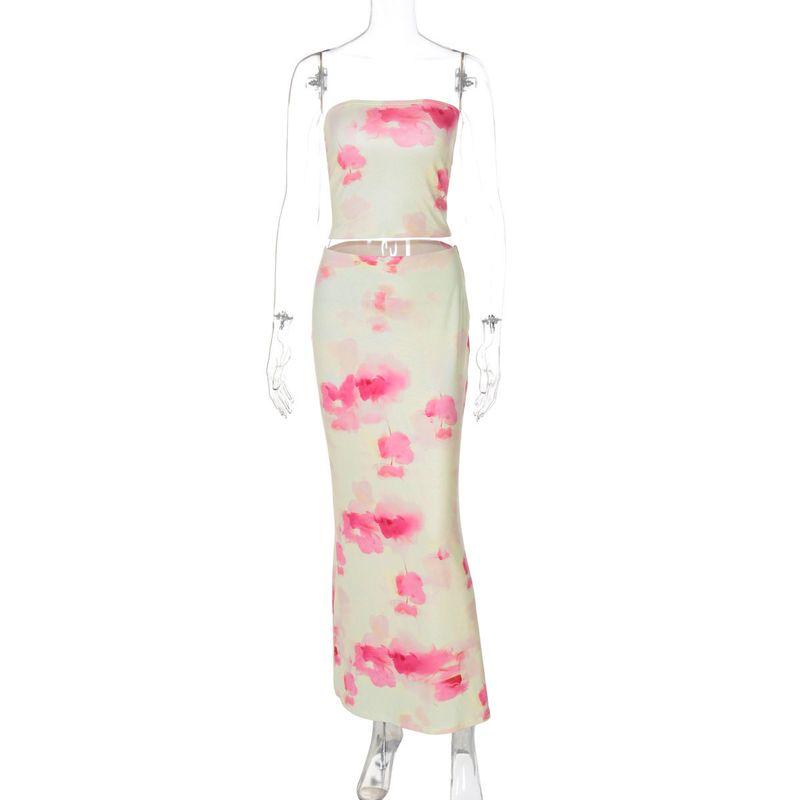 

European and American Style Women s Clothing 2025 Summer New Fashion Printed Spicy Girl Tube Top Slim-Fit Skirt Set Long Skirt Light yellow M