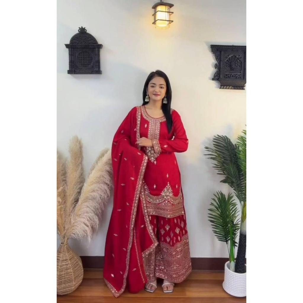 Launching New  Đěsigner Party Wear Look Pur Chinon Silk Top Plazzo & Dupatta Set