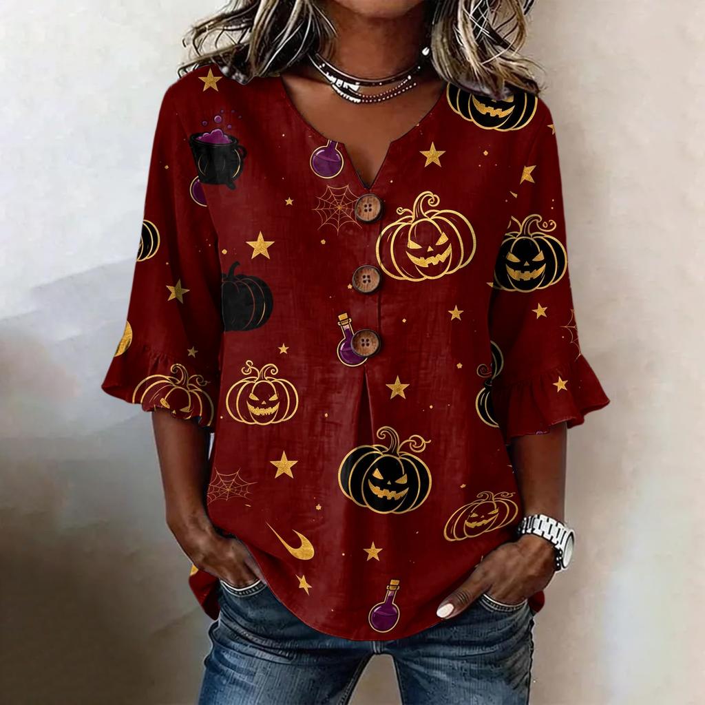 Women's Casual V-Neck Ruffle Trim Patchwork Sleeve Loose Fit Halloween Print Top