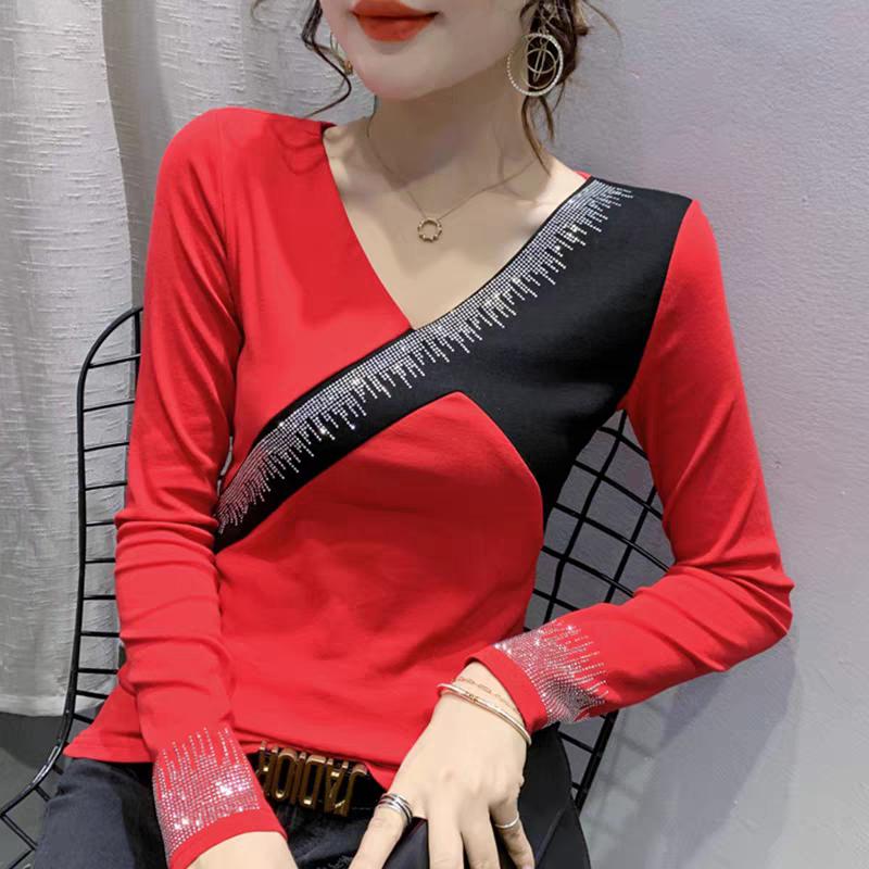 Spring Autumn Streetwear Girls Long Sleeve Cotton T-Shirt Clothes Fashion Contrast Color Patchwork Sexy Hot Diamonds Women Tops Tees