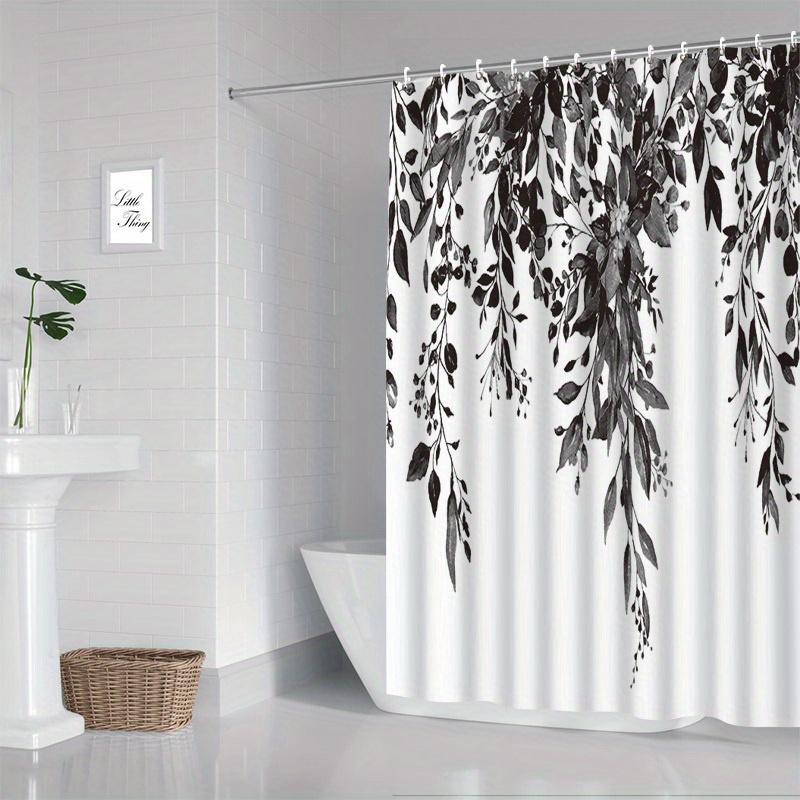 1 Black Leaf Pattern Polyester Shower Curtain - Machine Washable, All Seasons Fabric, Suitable for Bathroom Decoration