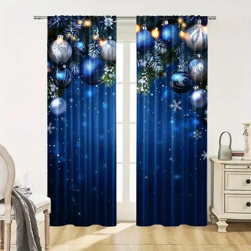 2pcs Festive Blue Christmas Ornament & Snowflake Pattern Curtains, Designed for Light Blocking, Premium Material, Suitable for C