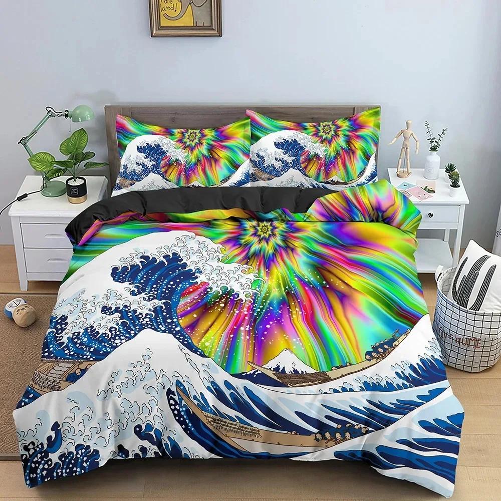 Big Wave Japanese Art Abstract Comfortable Duvet Quilt Cover Pillowcase Bedding Set Children Bedroom Decoration Home Textile
