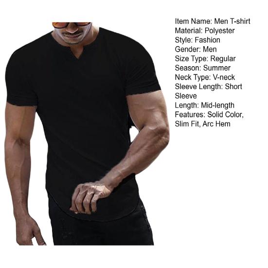 V-Neck Short Sleeve Arc Hem Men T-shirt Summer Solid Color Simple Tee Shirt Streetwear