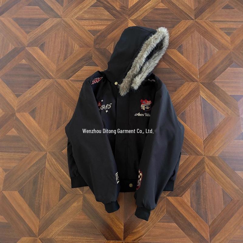 Men s American Retro Eagle Embroidered Hooded Baseball Jacket - Autumn/Winter Warm Cotton Outerwear XL чёрный