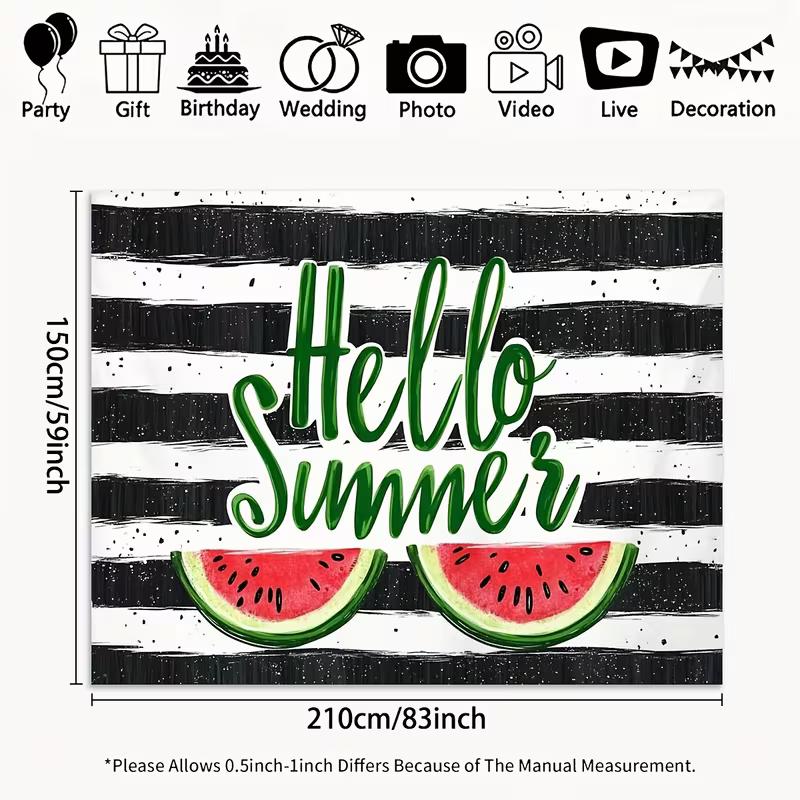 

2D Summer Watermelon Party Backdrop Hello Summer Text Black White Brush Stroke Background Banner 47.2x31.5inch/120*80cm
