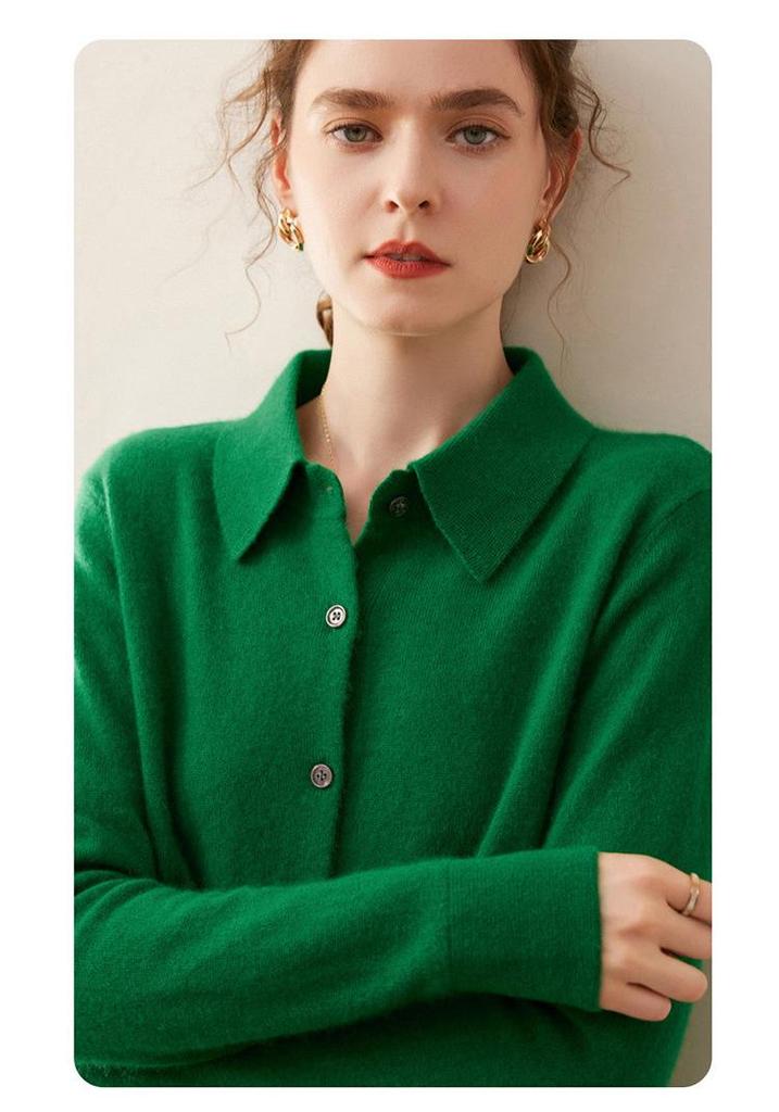 Elegant Women's Cashmere Knit Polo Collar Cardigan - Long Sleeve, Loose Fit, Versatile and Warm.