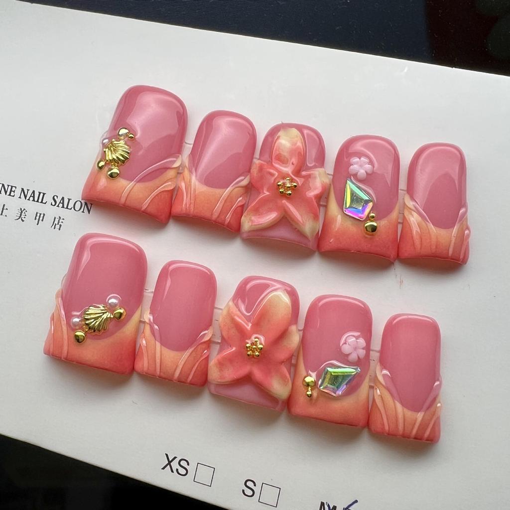 European Style Pink Gradient 3D Flower Nail Tips - Handcrafted Wearable Nails
