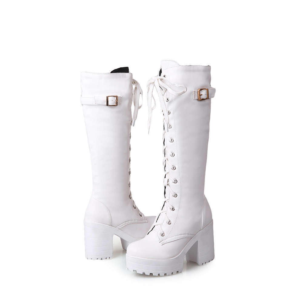 New Style Hot Sale Spring Autumn Lacing Knee High Boots Women White Square Heel Woman Leather Shoes Winter Large Size 43
