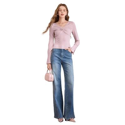 Xiangying Women's French V-Neck Knit Long-Sleeve T-Shirt with Bow Twist