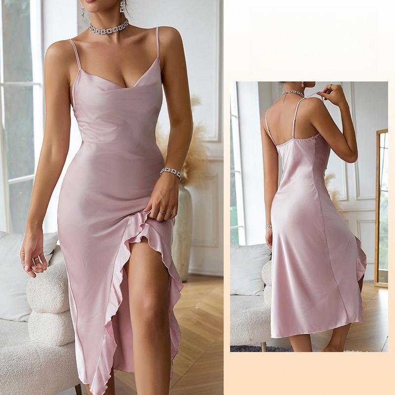 Women's Solid Color High Slit Nightgown Ruffle Trim Sexy Sleeveless Camisole Loungewear 635 Chic Versatile Sleepwear That Can Be Worn as a Mini Dress