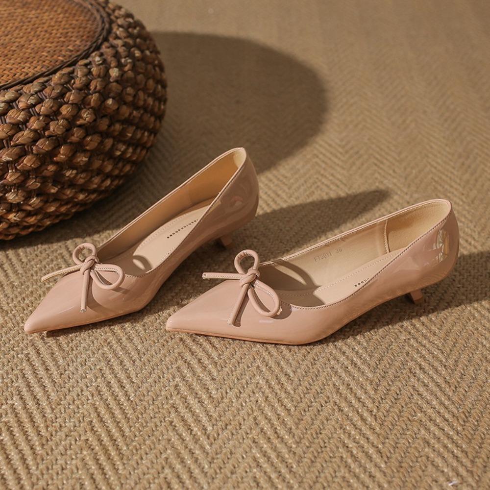 Absatzschuhe für Damen Neue flache Öffnung Kleiner Absatz Einzelne Schuhe Damen Spitz zulaufende Spitze Lackleder Schleife Damenschuhe
